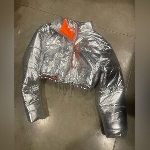 Hot & Delicious Metallic Silver Jacket with Bright Orange Lining